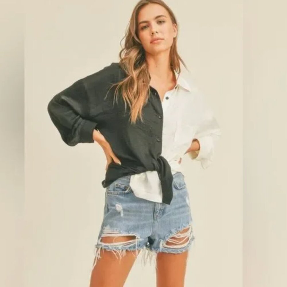 Miou Muse Black and White Colorblock Button Down